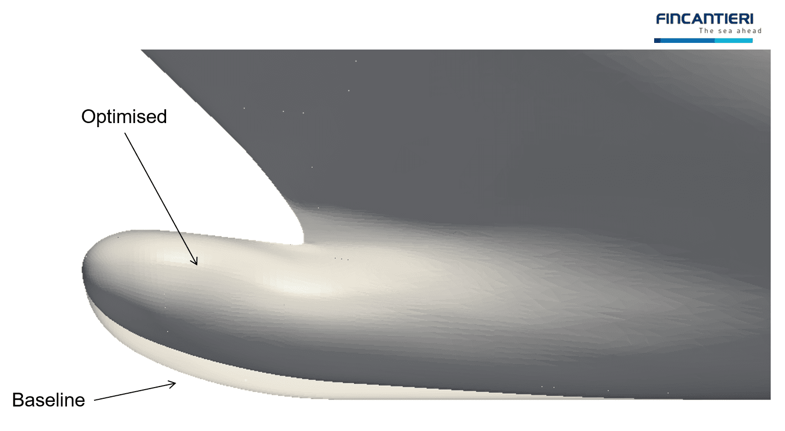 Comparison between a baseline and an optimized hull shape, showing improvements using the calm-water analysis solver in HELYX-Marine.