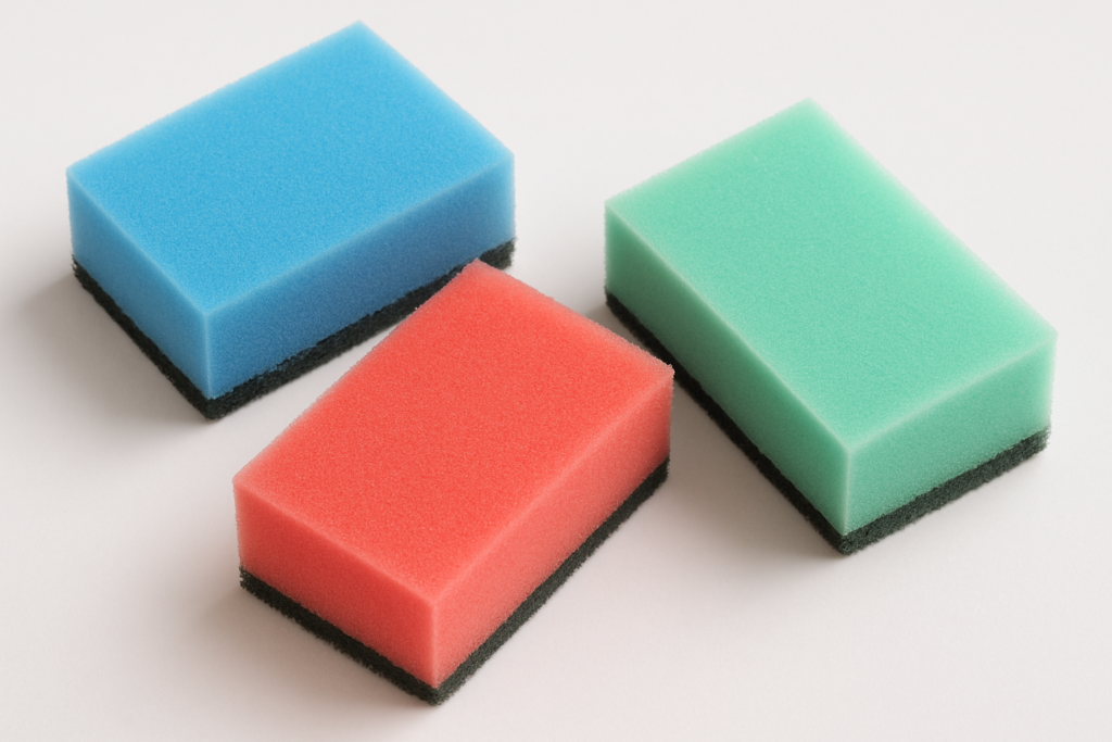 A photograph of three rectangular foam kitchen sponges in blue, red, and green, each with a black scouring pad on the bottom, arranged on a white background.