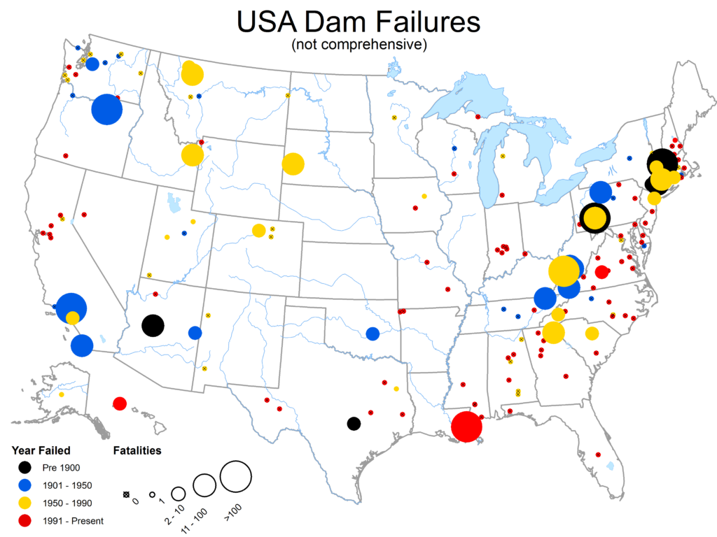 Map illustrating the location and severity of dam failures in the US