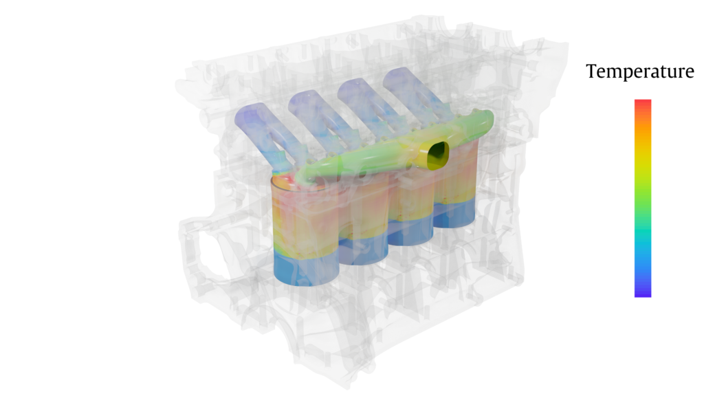 3D CAD model of the engine assembly showing the temperature of the mapped surfaces with a coloured scale    