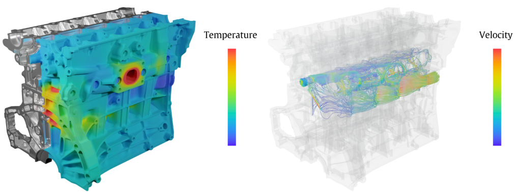 3D isometric view of coloured CFD results of the engine block (left) and coloured streamlines inside the coolant jacket (right) 