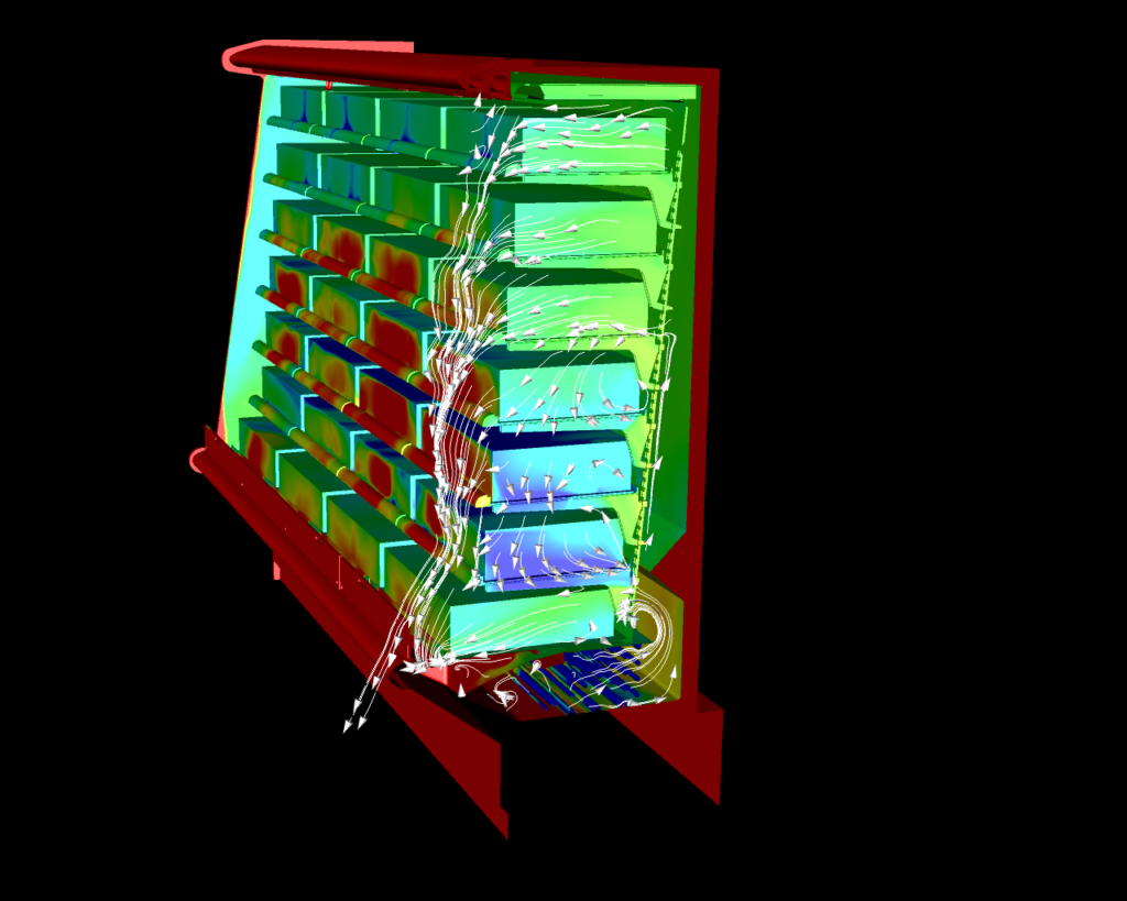 Coloured CFD results showing the turbulent air flow in a conventional chiller cabinet 