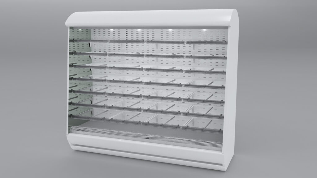 CAD render showing a grey TrueChill cabinet with shelves fitted with EcoBlades 