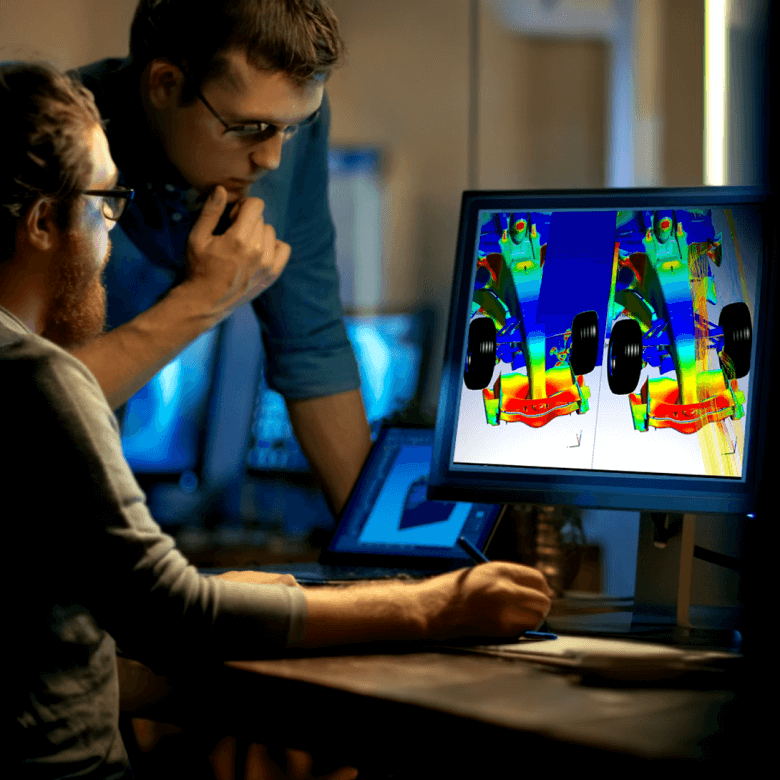 Engineers analyzing CFD simulations of a race car, visualizing aerodynamic performance and drag reduction.