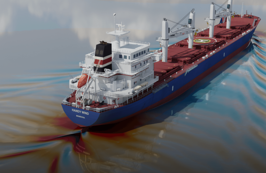 CFD simulation of a large cargo ship named 'Handy Wind,' showing water flow and wake patterns generated by the vessel as it moves through the water.