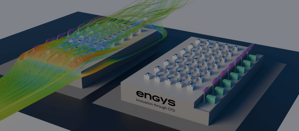 Visualization of airflow simulation over building structures using CFD, showcasing ENGYS’s open-source CFD tools.