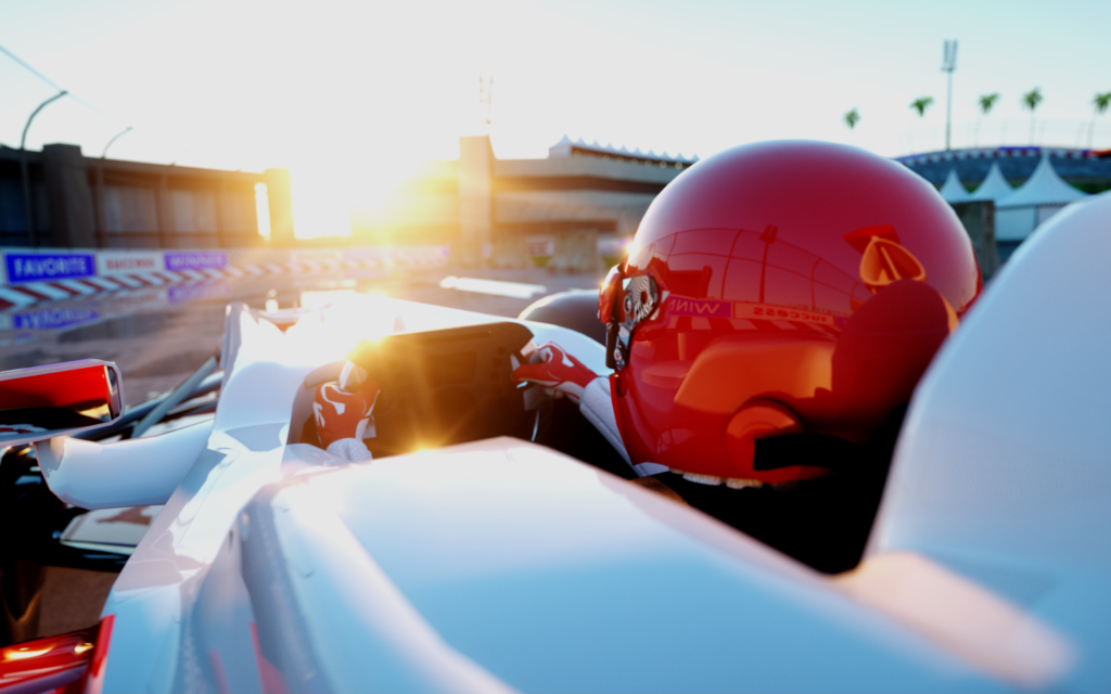 Race driver in a Formula car cockpit during a sunset with a helmet and gloves, driving on a track.