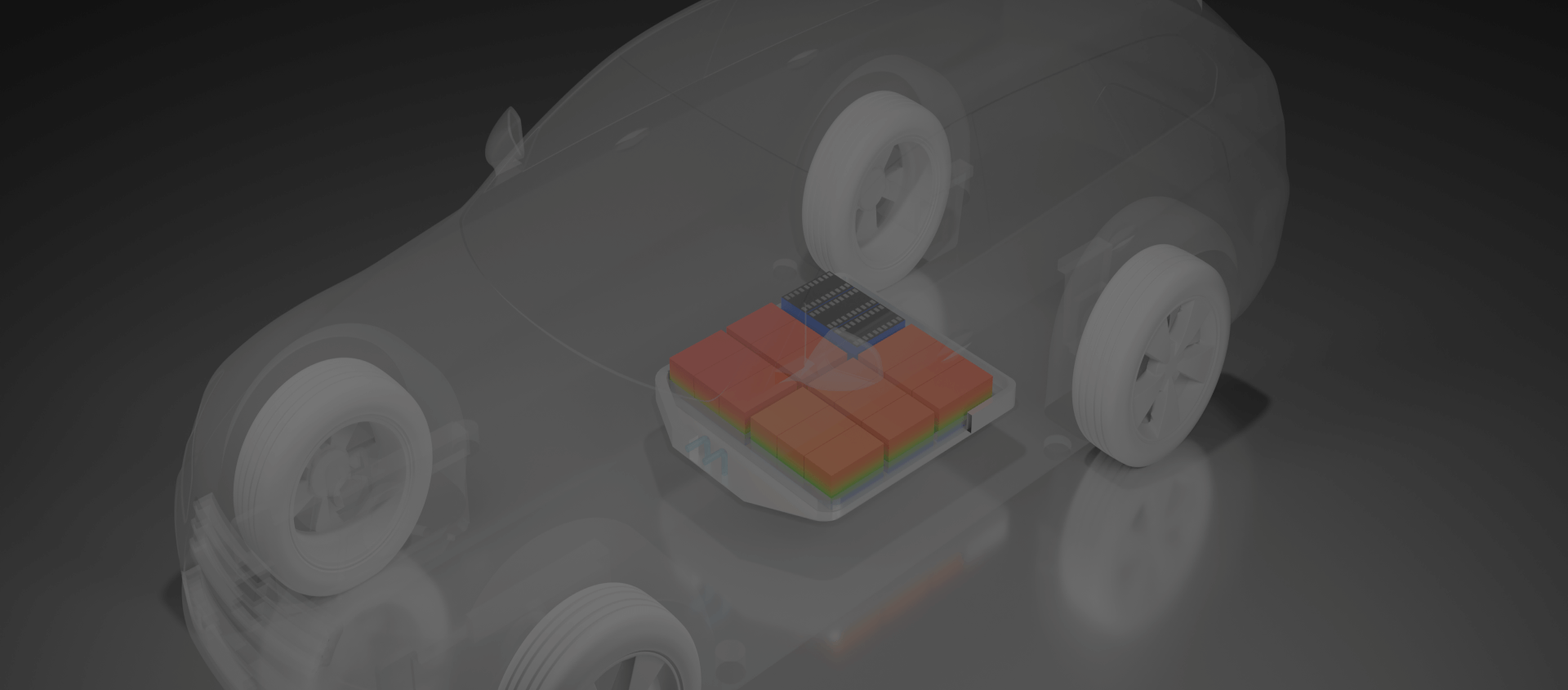 Thermal management of an electric vehicle battery pack visualized using CFD, showcasing airflow and heat dissipation to optimize performance.