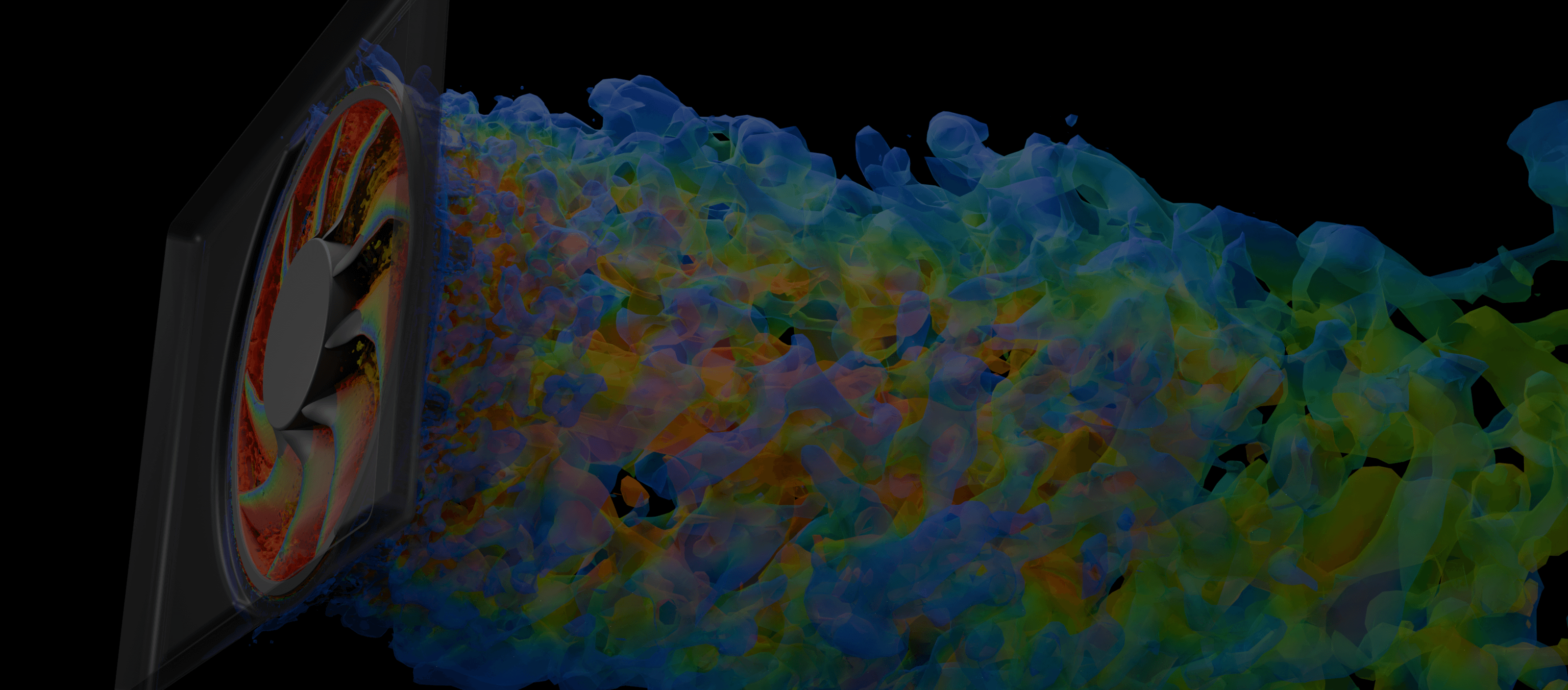 CFD simulation of fan noise and turbulence using HELYX, visualizing airflow and noise patterns around the fan blades.