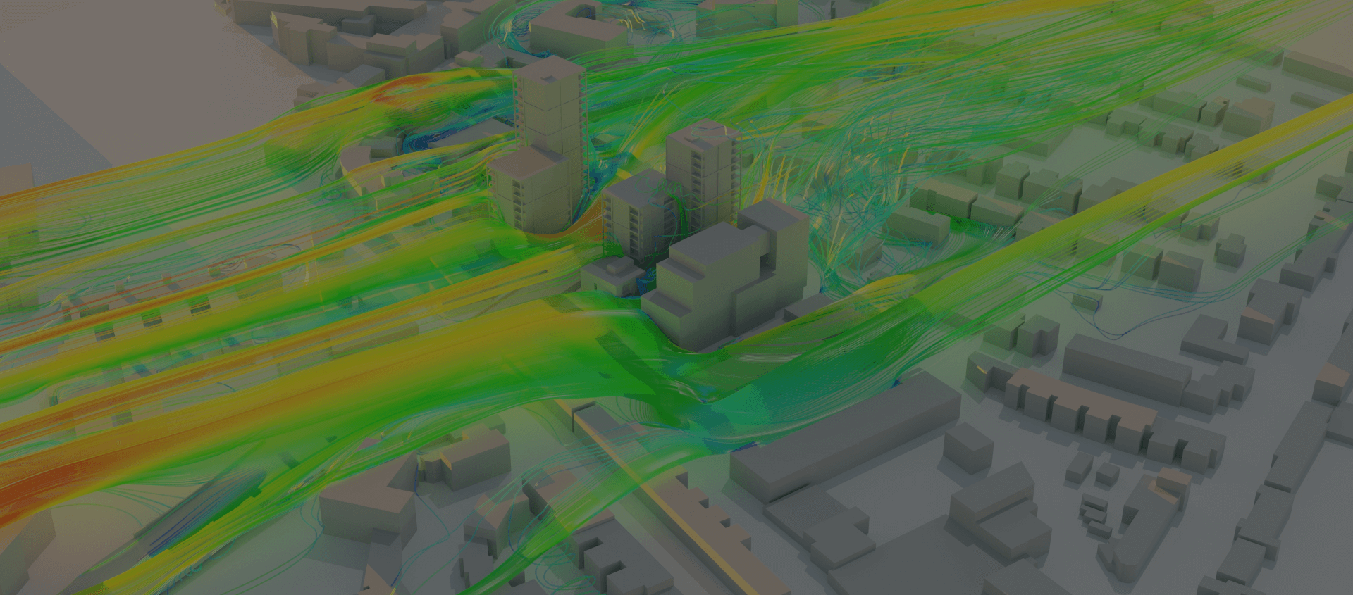 CFD simulation of urban wind flow and air dispersion using HELYX, visualizing airflow patterns around buildings.