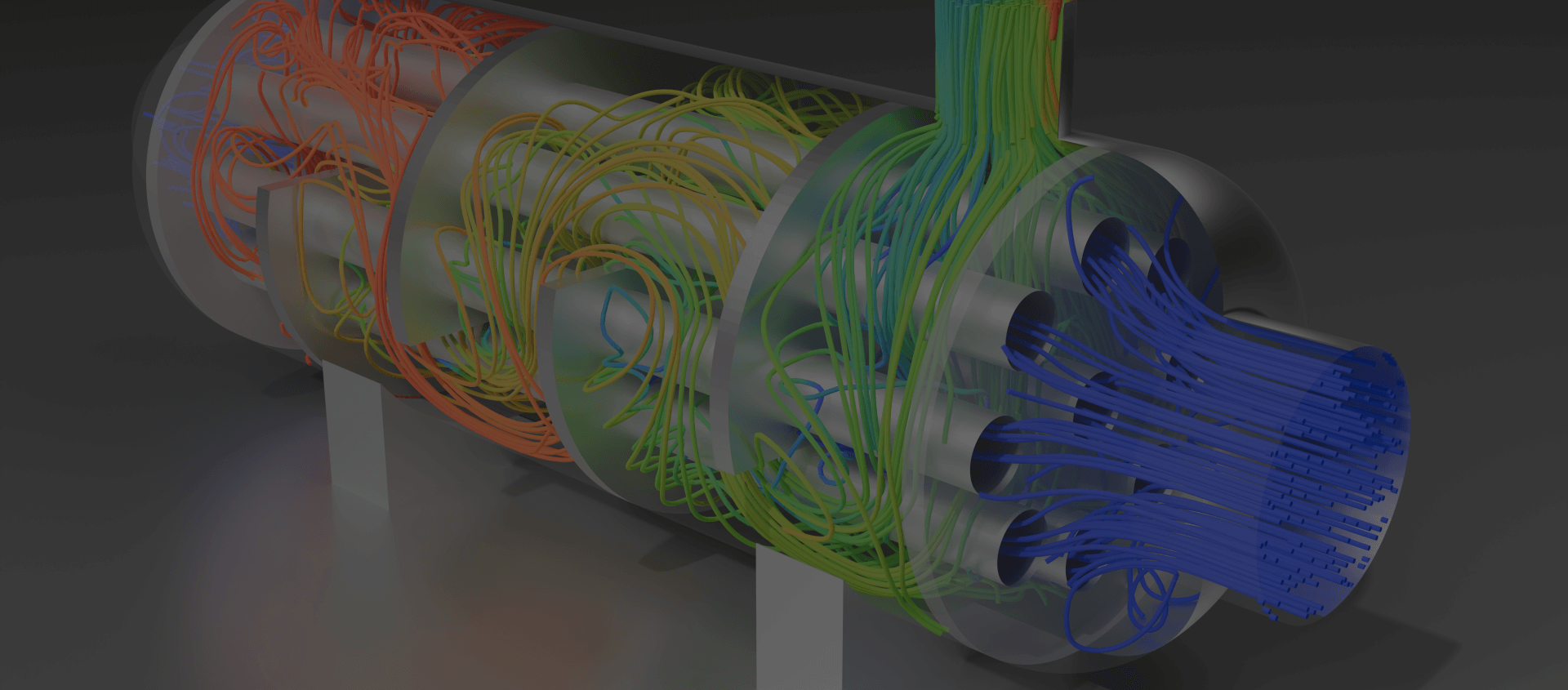 CFD simulation of fluid flow in a heat exchanger using HELYX, visualizing streamlines through various chambers.