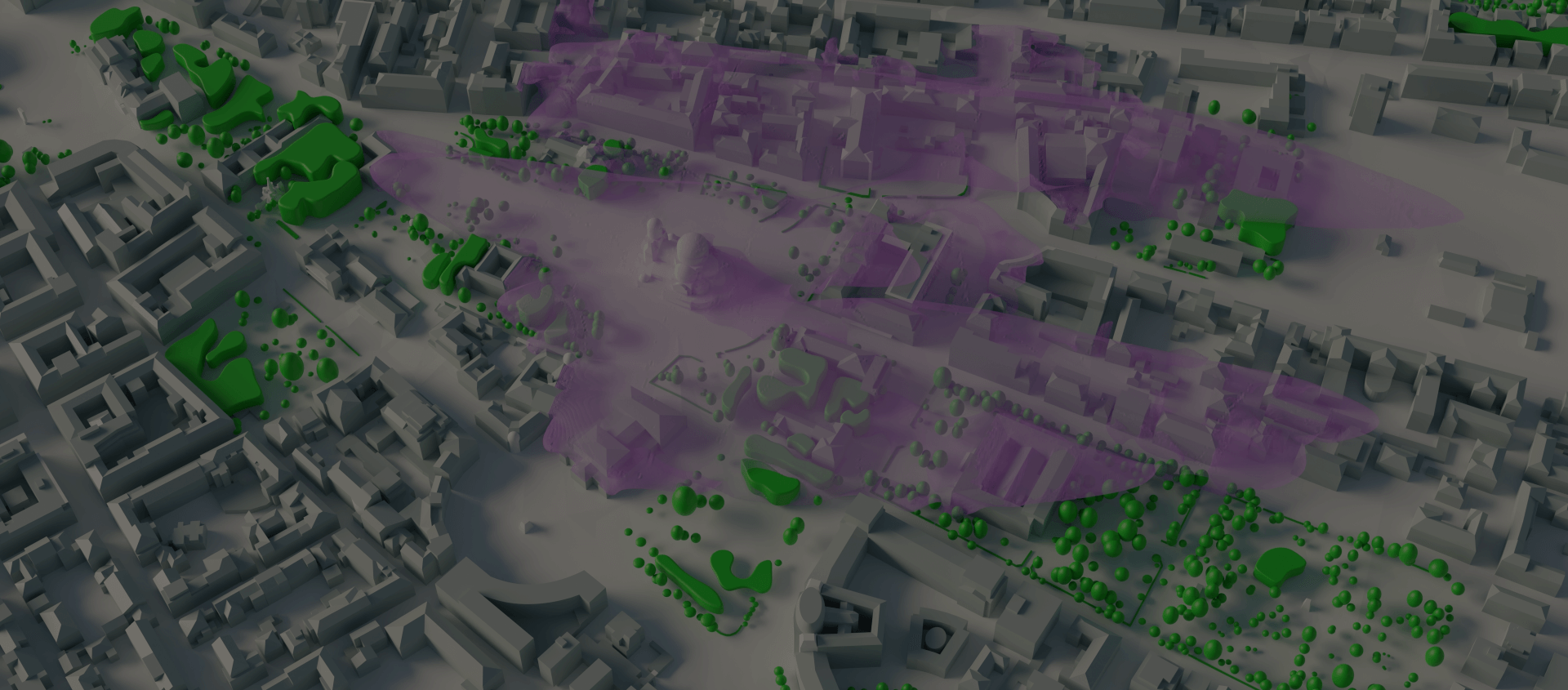 CFD simulation of pollutant dispersion in an urban environment using HELYX, visualizing airflow patterns and concentration zones.