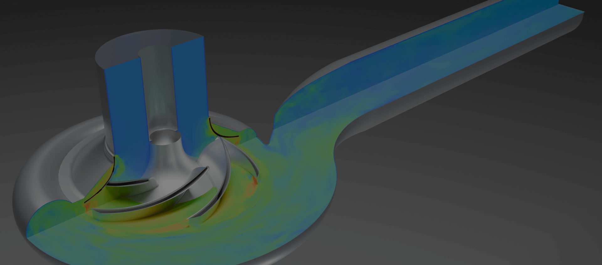 CFD simulation of internal flow in a pump using HELYX, showing velocity and pressure distribution across the blades.