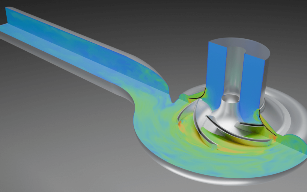 CFD simulation showing fluid flow through a pump impeller, illustrating velocity and pressure distribution inside the system.