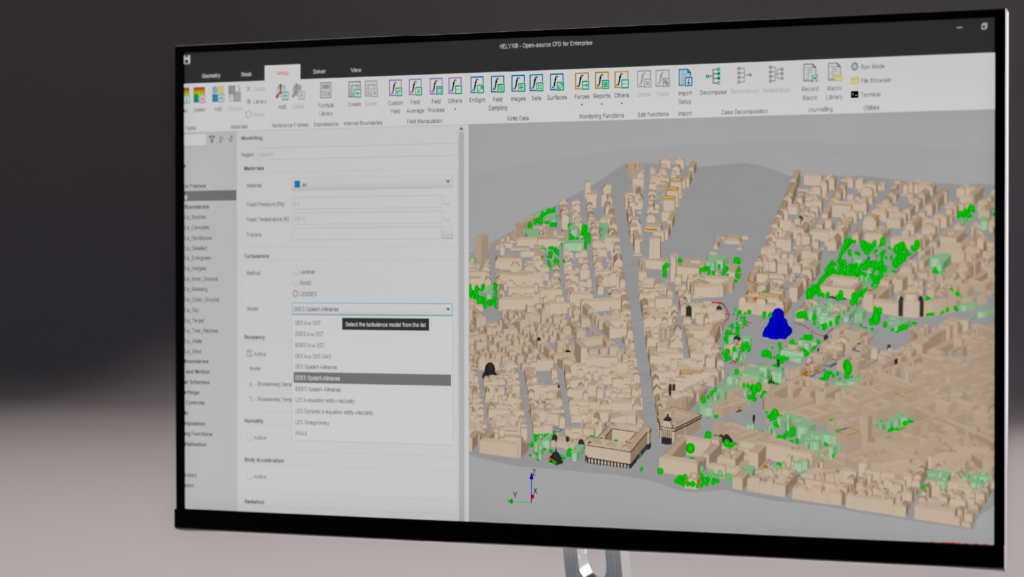 Screenshot of HELYX software interface displaying a CFD simulation of an urban environment, with green markers representing specific simulation points.