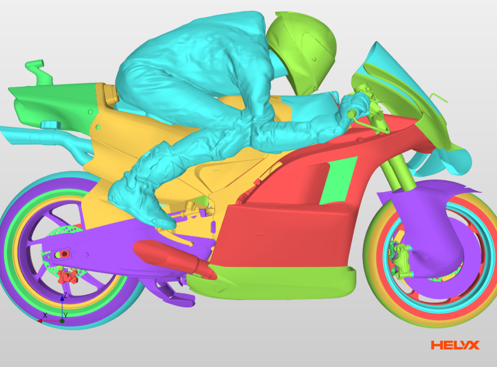 Screenshot of a CFD geometry showing the different components of an Aprilia bike