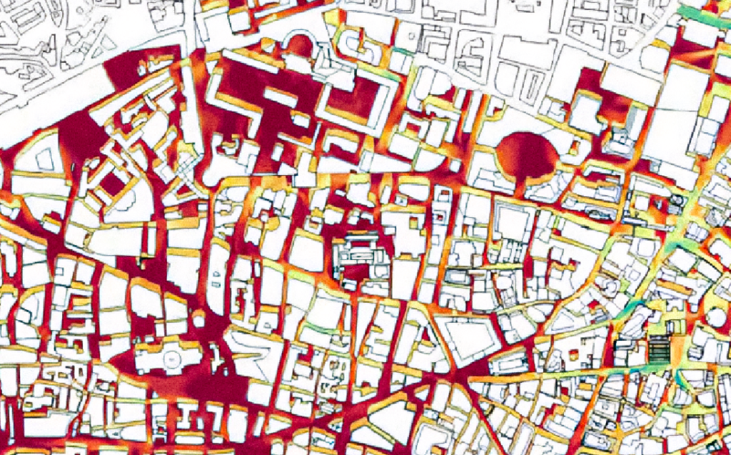 Thermal comfort simulation of an urban area using CFD, visualizing heat distribution and the impact of urban heat islands on temperature variation.