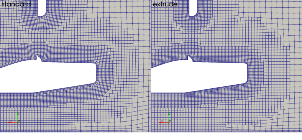 2D mesh comparison of a car bumper showing the difference between the standard and extrude mesh algorithm