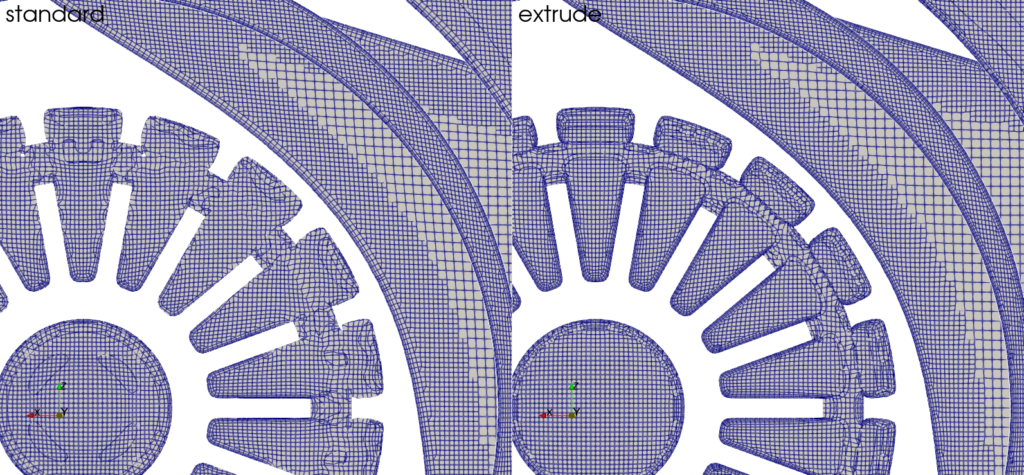 2D mesh comparison of a wheel showing the difference between the standard and extrude mesh algorithm