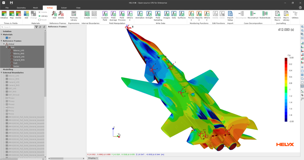 Screenshot of the HELYX GUI with the JRM-02XC40 model coloured by Cp 