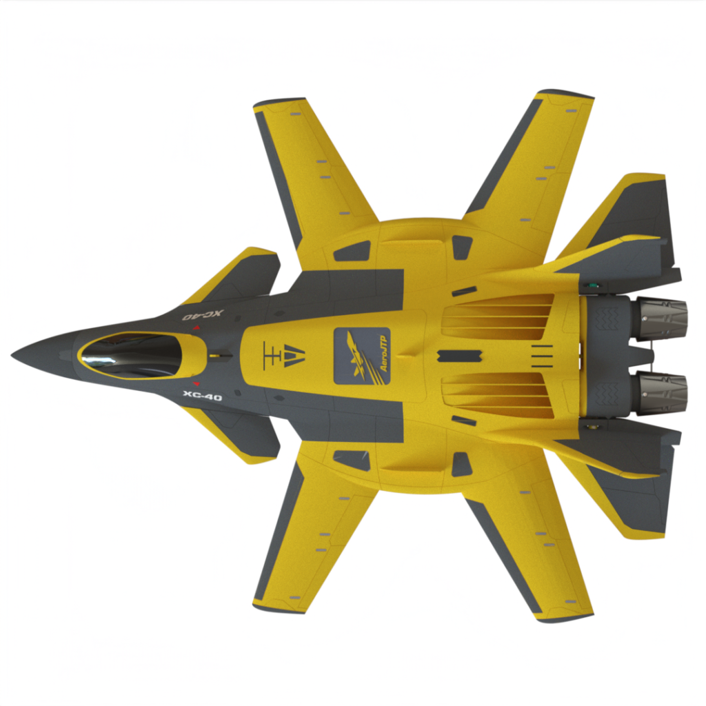 Aerial view of a CAD render of the JRM-02XC40 RC Jet in yellow
