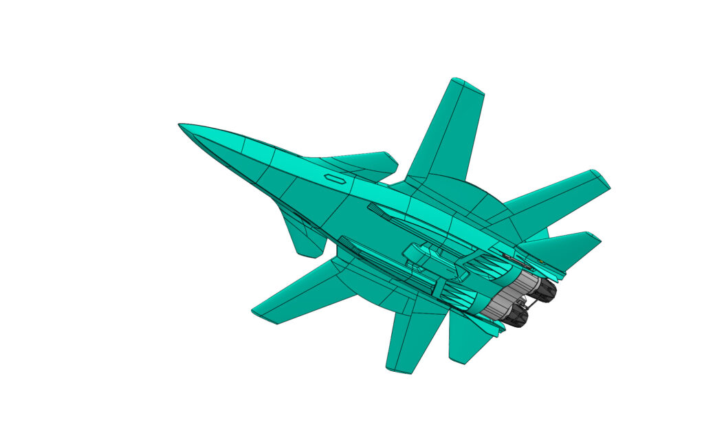 View of the underside of the CAD model in turquoise 