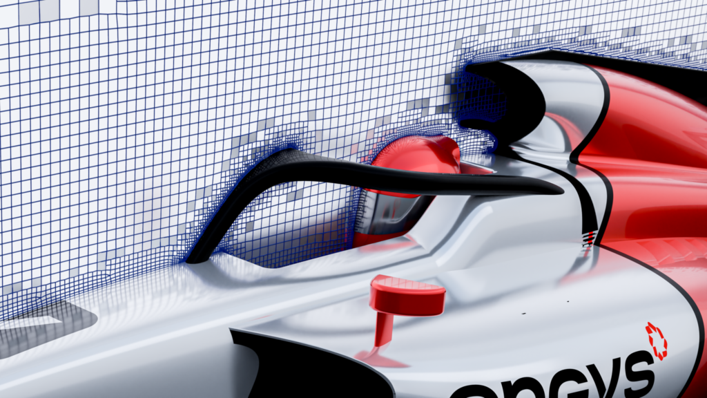 Close-up of a race car with a CFD mesh overlay, showing hex-dominant elements in the far field and polyhedral elements near the wall for low y+ meshing using HelyxHexMesh.