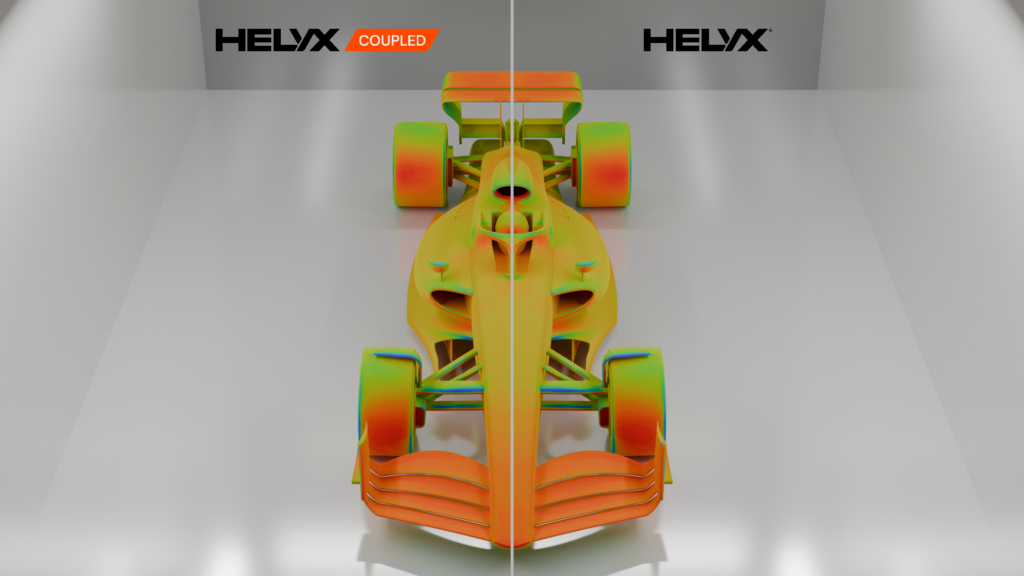 CFD simulation comparison of a race car showing HELYX-Coupled on the left and HELYX segregated solver on the right, with identical accuracy but double the performance.