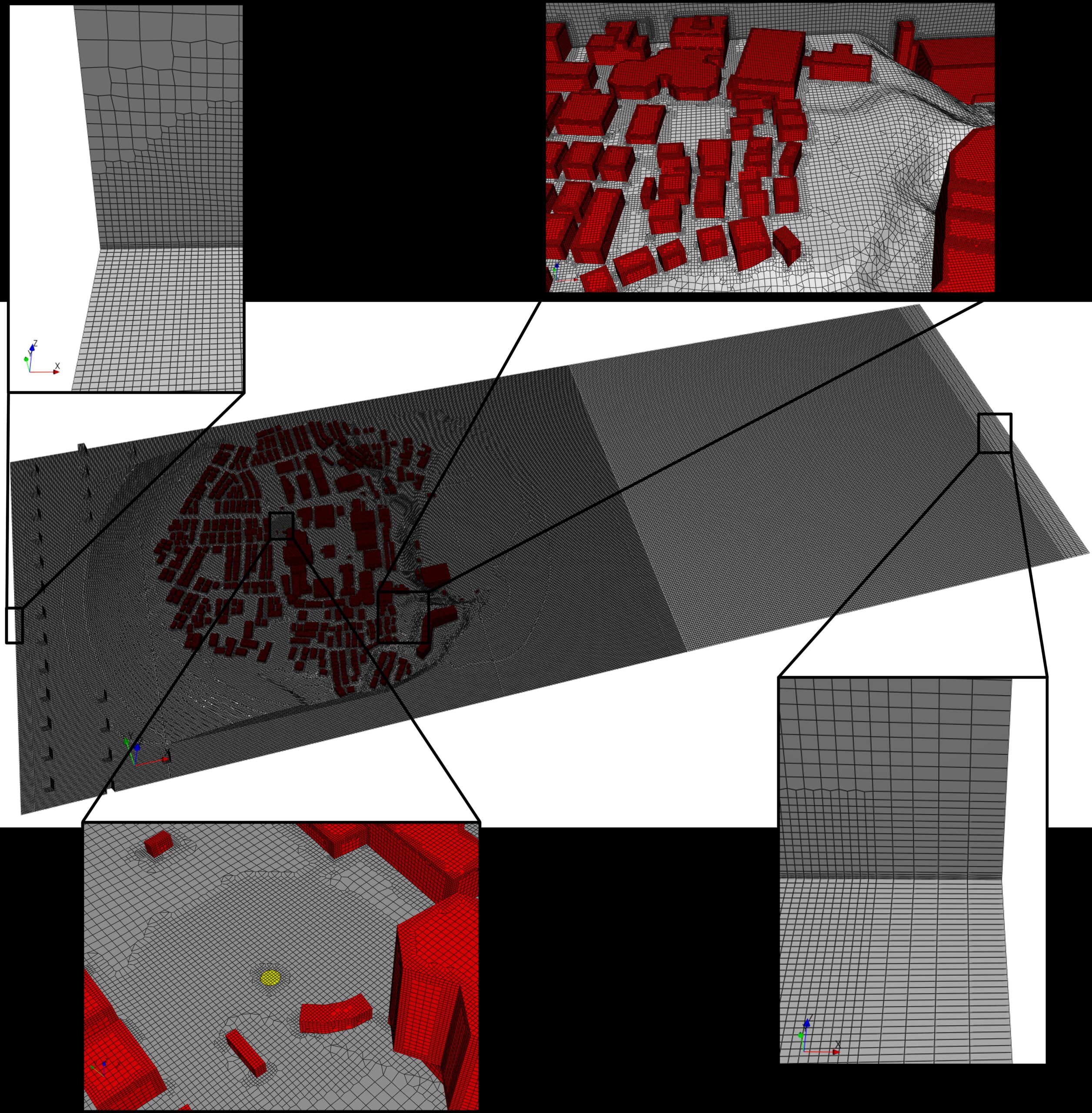 Detailed view of the computational grid around the campus buildings.