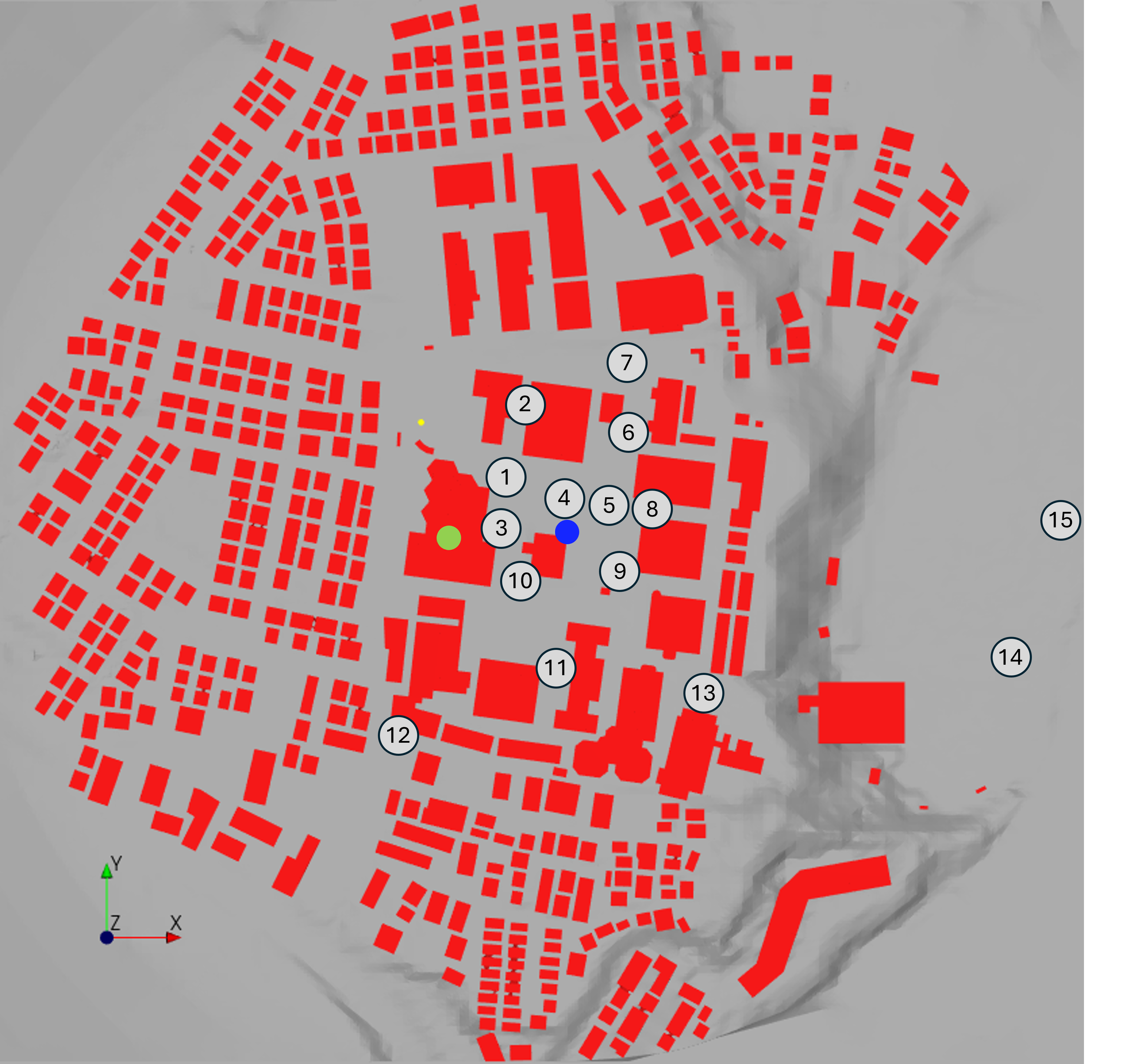 Urban pollutant dispersion validation map showing measurement probe locations and building layout used for CFD comparison studies in HELYX.