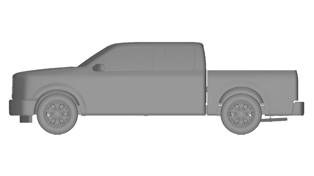 Side view of the GTU pickup truck benchmark geometry used for automotive aerodynamic CFD validation