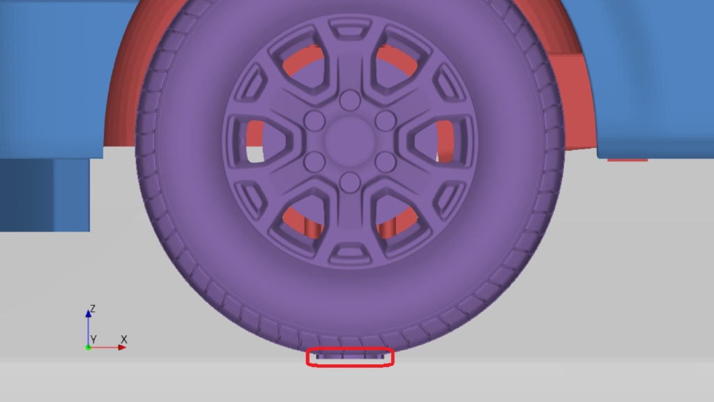 Detailed view of contact patch mesh refinement beneath the front left wheel in the GTU aerodynamic CFD simulation