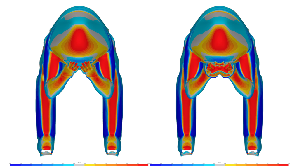 Comparison of pressure distribution between baseline and optimised skier configurations.