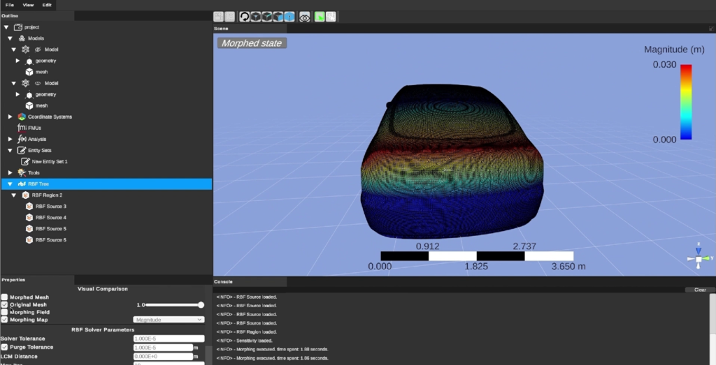 rbfCAE interface showing mesh morphing applied to a vehicle model for parametric geometry optimisation without remeshing.