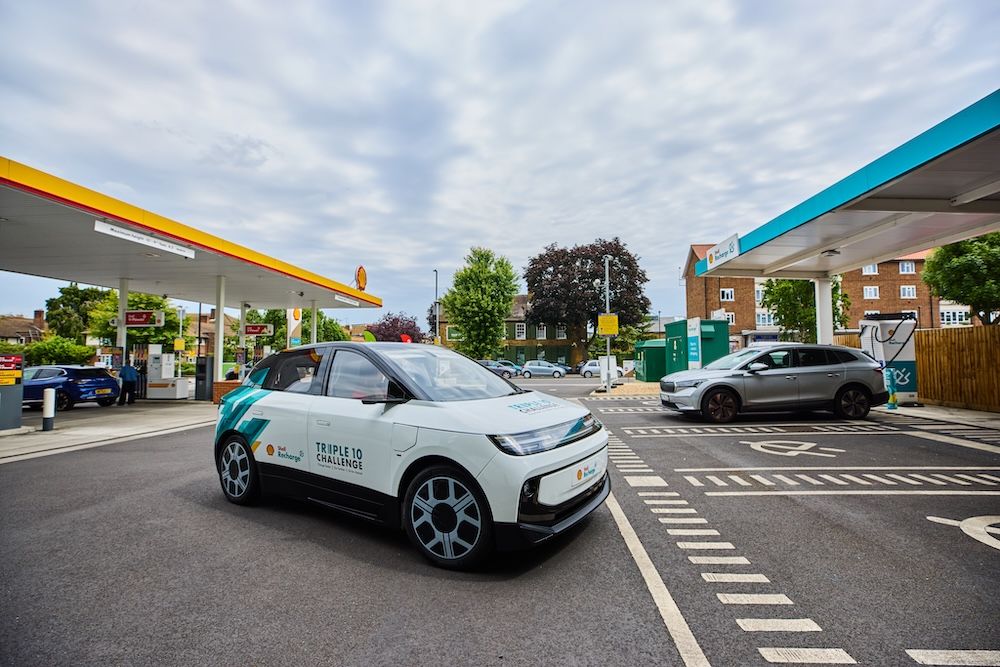 Shell Triple 10 Challenge concept car at a Shell charging station.