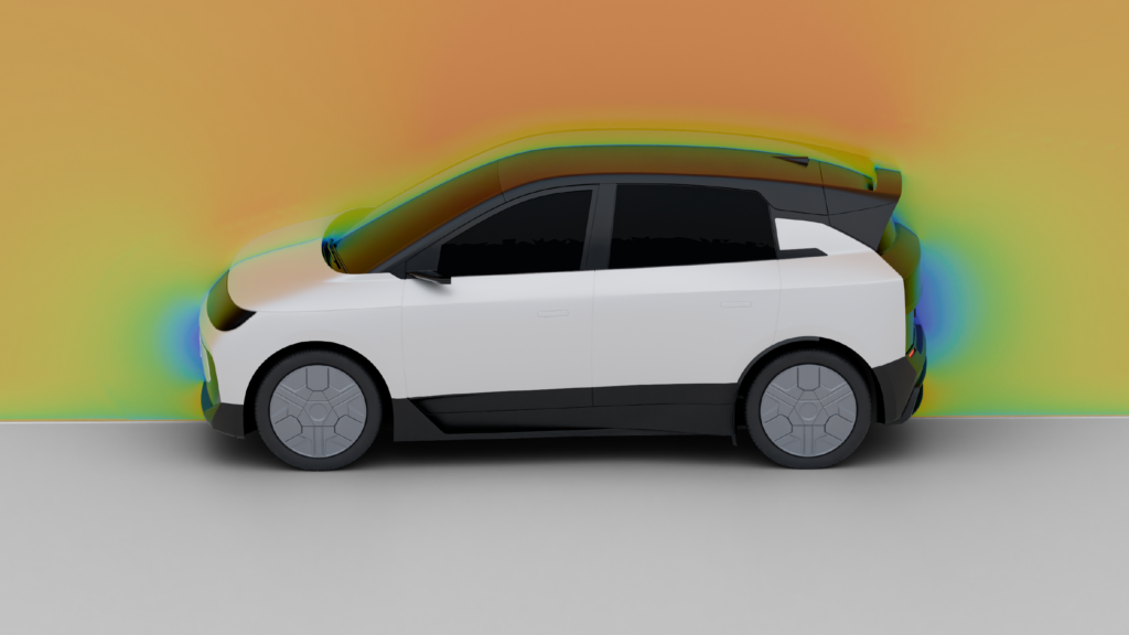 CFD flow-field contours around a side view of the Shell Triple 10 Challenge vehicle model.