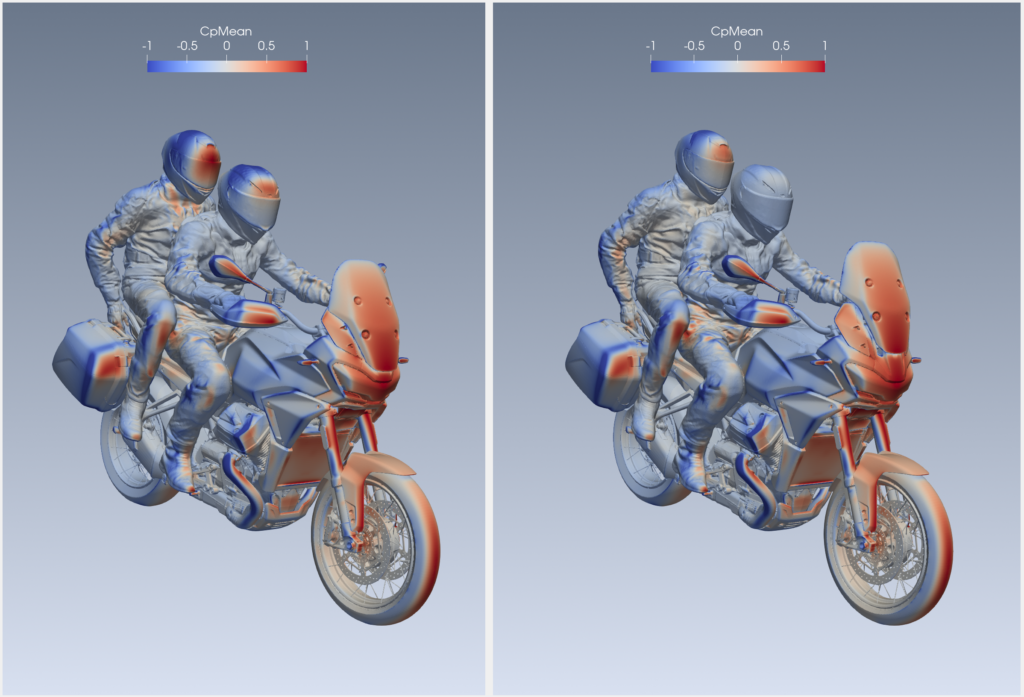 CFD rider and passenger comfort visualisation for the Moto Guzzi Stelvio in touring configuration.